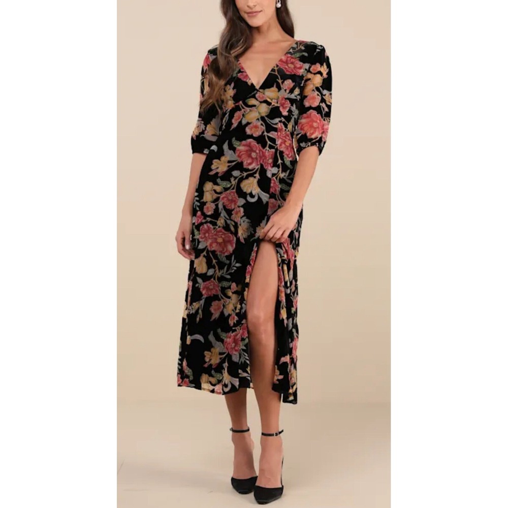 NWT Lulus‎ Gloriously Chic Velvet Floral Dress Burnout Dark Floral Midi